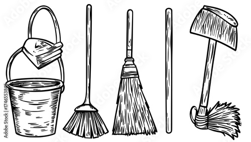 The set consists of a housework broom and mop, along with sweeper brooms, home cleaning mops, and a cleanup broom accompanied by a dustpan, all presented in a modern cartoon illustration