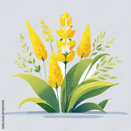 Yellow flower stalks with green leaves