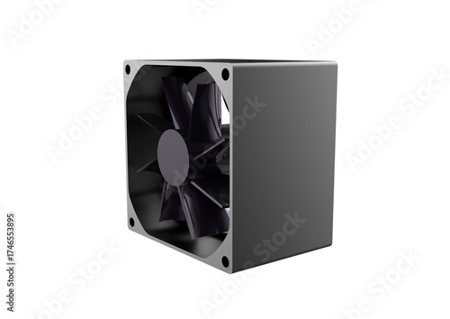 Advanced Thermal Management Solution: Detailed 3D Rendering of a Modern Metallic PC Cooling Fan Module for CPU and Power Supply Ventilation. Isolated high-performance electronic hardware component on