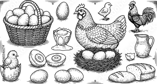 Seafood vector illustrations. Hand drawn line sea fishes, oysters, lobster, squid, octopus, crabs, prawns, fish fillet. Laminaria and wakame seaweeds. Healthy food natural set