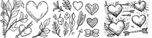 The set consists of modern elements, love ornaments, wedding hearts, and ornamental heart borders, all with decorative and in-love frame designs