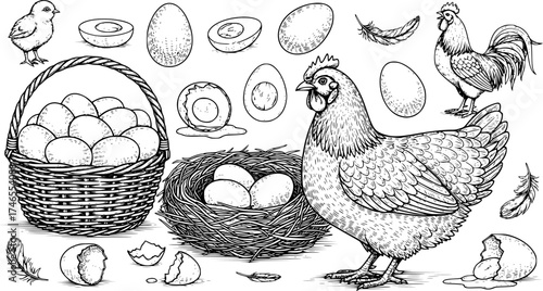 Seafood vector illustrations. Hand drawn line sea fishes, oysters, lobster, squid, octopus, crabs, prawns, fish fillet. Laminaria and wakame seaweeds. Healthy food natural set