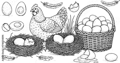 Seafood vector illustrations. Hand drawn line sea fishes, oysters, lobster, squid, octopus, crabs, prawns, fish fillet. Laminaria and wakame seaweeds. Healthy food natural set