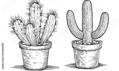 In a modern isolated illustration, an exotic garden plant is represented by a Mexican desert cactus and tropical cacti flowers, which are cactuses that flower