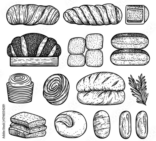 Bakery products are represented by a set of modern icons that includes a cartoon bread icon, French rolls, breakfast toast, and sweet cake slices, showcasing various types of breads and rolls