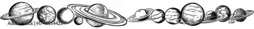 A vintage-inspired, modern sketch illustration features an engraving of the solar system's planets, presented in a lively, hand-drawn celestial planet parade