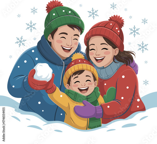 Family enjoying snowy day outdoors, winter clothing, snowball fun, joyful bonding, cold weather, hats, gloves, scarves, playtime, happiness, togetherness