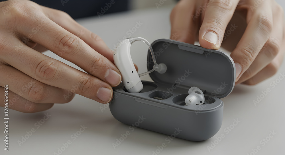 Fototapeta premium Hands Holding Wireless Earbuds While Placing Inside Charging Case on a Minimalist Desk Surface in a Contemporary Workspace