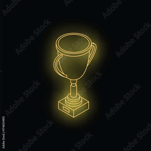 Neon yellow glowing trophy celebrating victory and achievement on black background