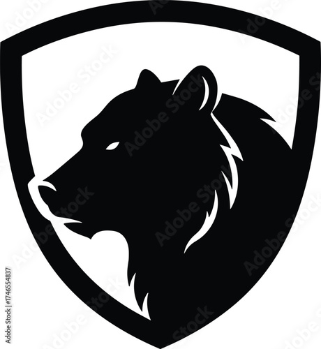 Bear head shield emblem, powerful animal silhouette, strength and protection symbol, heraldic design artwork, bold branding graphic, noble wildlife icon