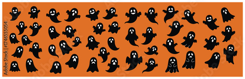 Spooky Silhouettes: A Collection of Playful Halloween Ghosts with Varied Expressions A collection of cute and funny white ghost characters on an orange background. Perfect for Halloween party
