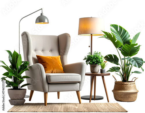 A living room furniture set consisting of an armchair, floor lamp, and side table isolated on a transparent background.