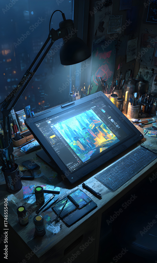 Fototapeta premium Artist workplace showcasing digital art creation with interactive display professional desktop design studio for painting concept illuminated by warm lamp for precise digital