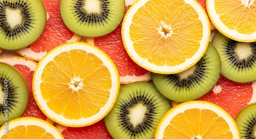 Vibrant assortment of fresh citrus fruit slices including oranges kiwis and grapefruit arranged in a lively pattern offering a visually appealing and healthful representation of natural produce