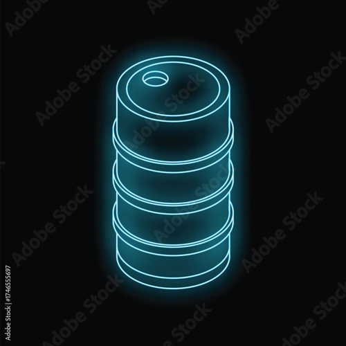 Neon blue metal barrel glowing on black background, concept of oil industry and fuel energy