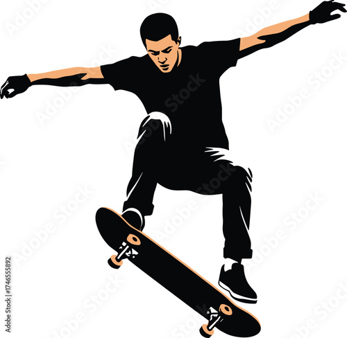 Skateboarder silhouette illustration, extreme sports design, skateboarding trick artwork, urban lifestyle graphic, athletic balance symbol, youth culture and motion icon
