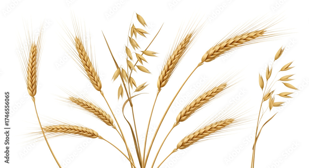Fototapeta premium A detailed illustration of ripe wheat and oat stalks with golden grains isolated on white background