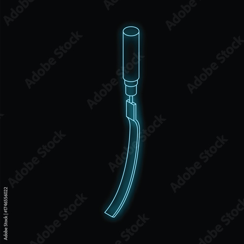 Glowing neon outline of a wood carving tool in isometric projection against a black background