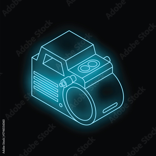 Turquoise neon portable radio glowing on dark background, isometric view