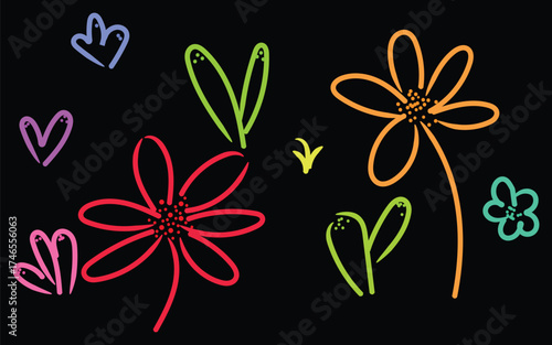 Neon floral doodle art, Hand-drawn glow flowers, Colorful night sketch