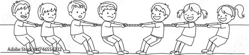 Children tug of war, kids playing rope game, teamwork activity, childhood fun line art, group strength, outdoor competition, happy cartoon illustration vector