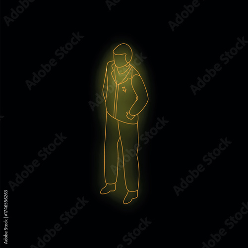 Isometric neon style illustration of a sheriff posing with hands on hips, creating a vibrant, attention grabbing image