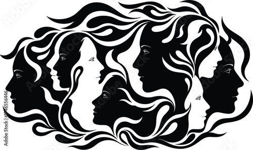 Abstract human faces silhouette, flowing flame design, optical illusion artwork, perception and unity symbol, psychological concept graphic, artistic identity illustration