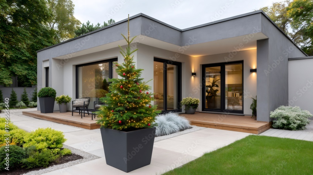Fototapeta premium Modern holiday home exterior with decorated Christmas tree