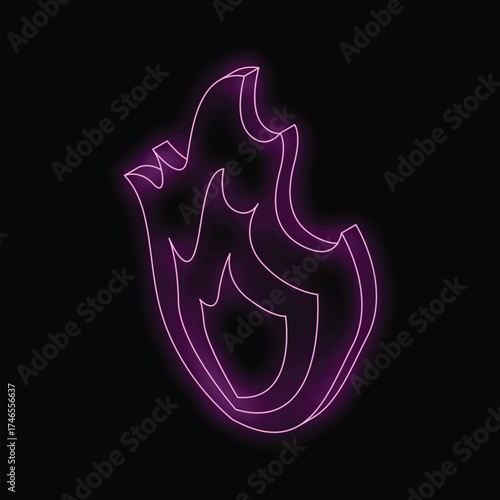 Purple neon heart burning with bright light on black background, symbolizing passionate love and desire