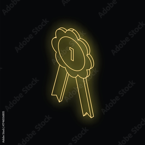 Neon yellow first place award ribbon glowing on black background representing achievement, victory, and success