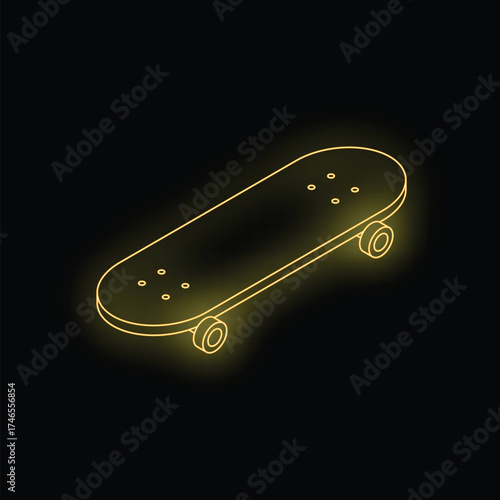 Neon yellow skateboard on black background glowing and representing urban sports, skateboarding culture, and youthful energy