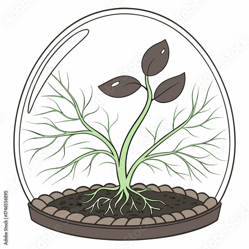 Illustration of a plant with dark leaves growing in a glass terrarium