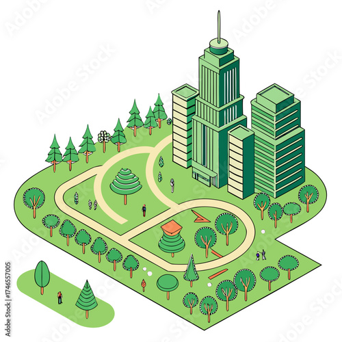 Isometric city park with walking paths, trees, and buildings