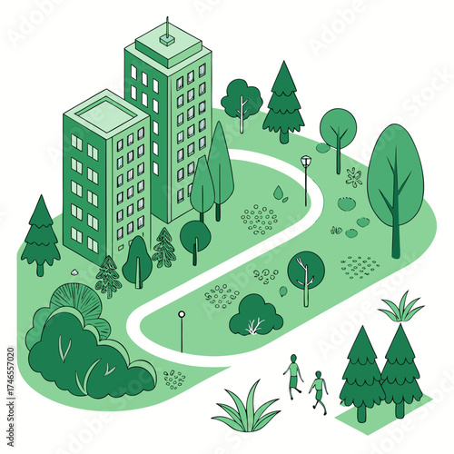 Isometric city park with walking path, trees, and buildings