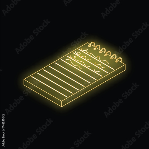Isometric notepad with spiral binding and scribbled notes glowing neon yellow on dark background
