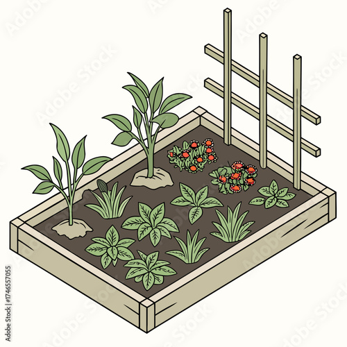 Isometric view of a raised garden bed with various plants