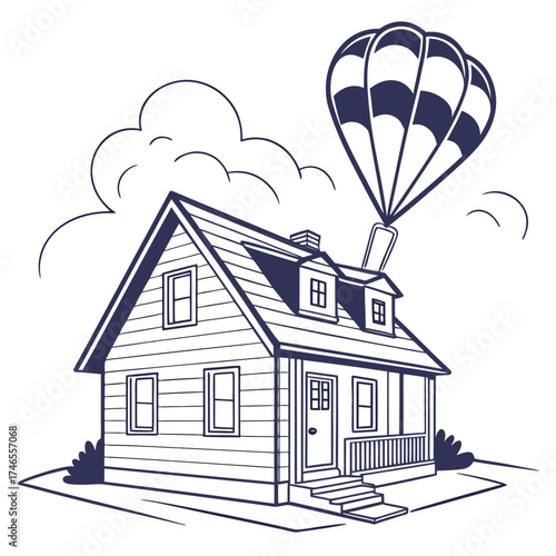 Illustration of a house being lifted by a parachute