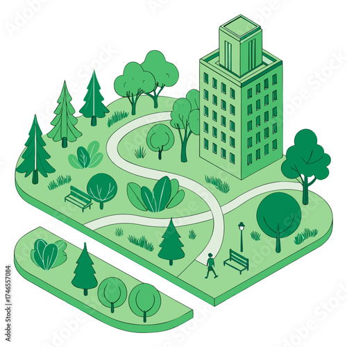 Isometric illustration of a green city park with trees and building