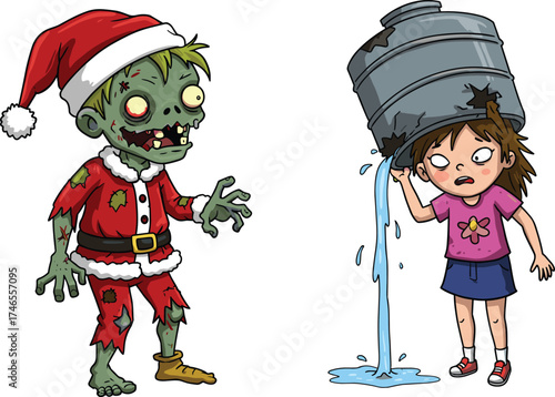Zombie, Santa, girl, water, pouring, cartoon, illustration, undead, Christmas, holiday, tattered, bucket, splash, scared, funny, surreal, red outfit, flower shirt, humor, exaggerated