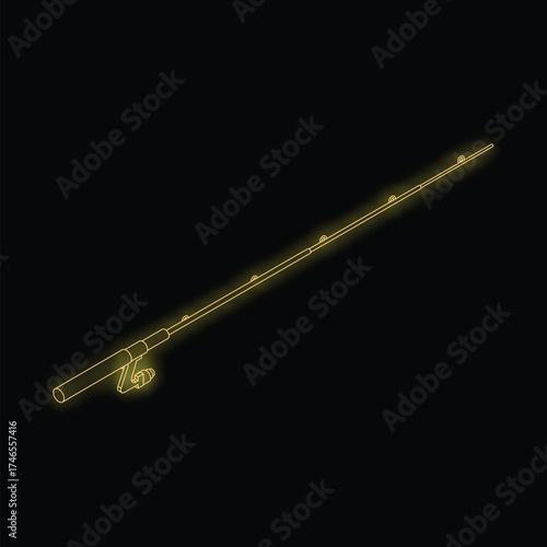 Neon yellow fishing rod glowing on black background, representing fishing, hobbies, and outdoor activities