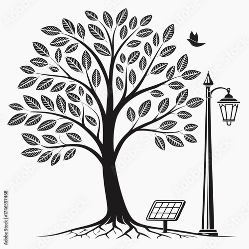 Tree with solar panel, bird, and street lamp