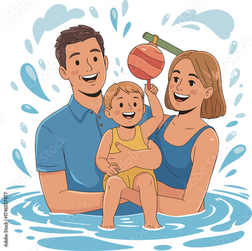 Happy family enjoying pool time together, summer fun, water splashes, bonding, leisure activity, child play, vacation mood, joy, love, relaxation