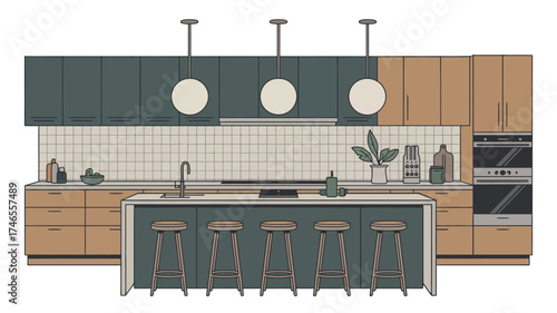 Illustration of a kitchen with island stools cabinets lights and various kitchenware items displayed