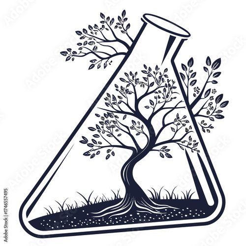 Tree growing inside a conical flask, nature concept