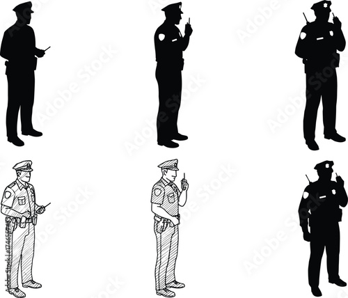 Police officer holding radio device, multiple illustration styles, silhouette and sketch, uniformed figure, law enforcement, communication, posture, concept, reference
