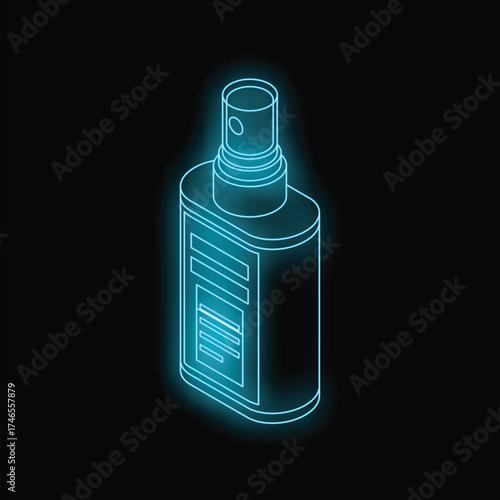 Glowing blue neon outline of a spray bottle on a black background, viewed in isometric projection
