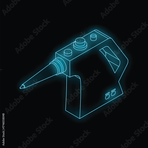 Neon blue isometric drawing of an electric caulking gun glowing on a black background