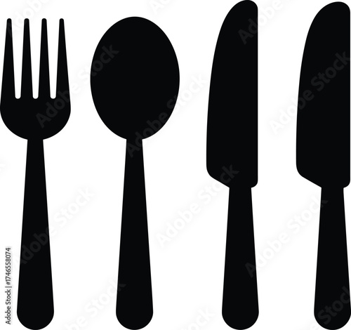 Fork spoon knife silhouette, dining utensils illustration, culinary tool design, restaurant and kitchen artwork, food service graphic, cooking symbol icon