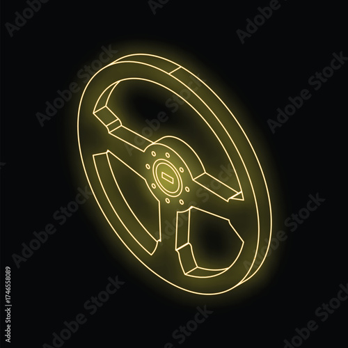 Neon yellow steering wheel glowing on black background, symbolizing driving, control, and automotive technology