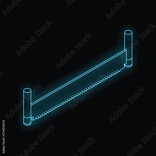 Isometric glowing neon two man saw isolated on black background